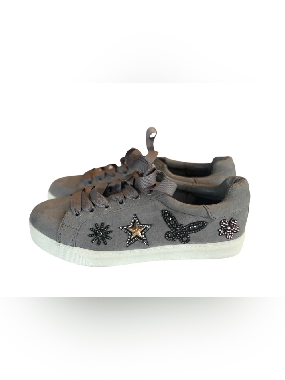Back to School! Libby Edelman Gray Embellished Sneakers Ribbon Lace Size 9